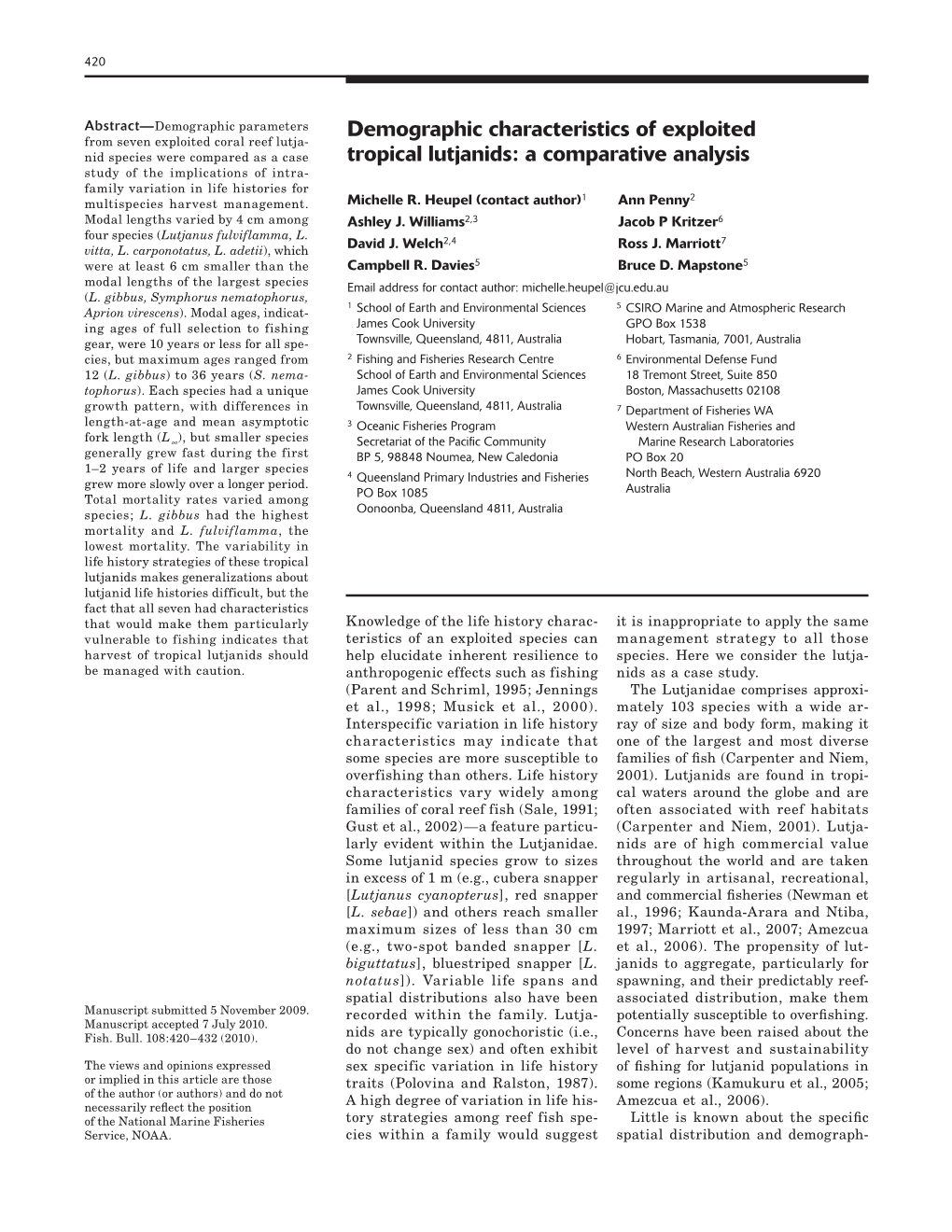 Demographic Characteristics of Exploited Tropical Lutjanids 421