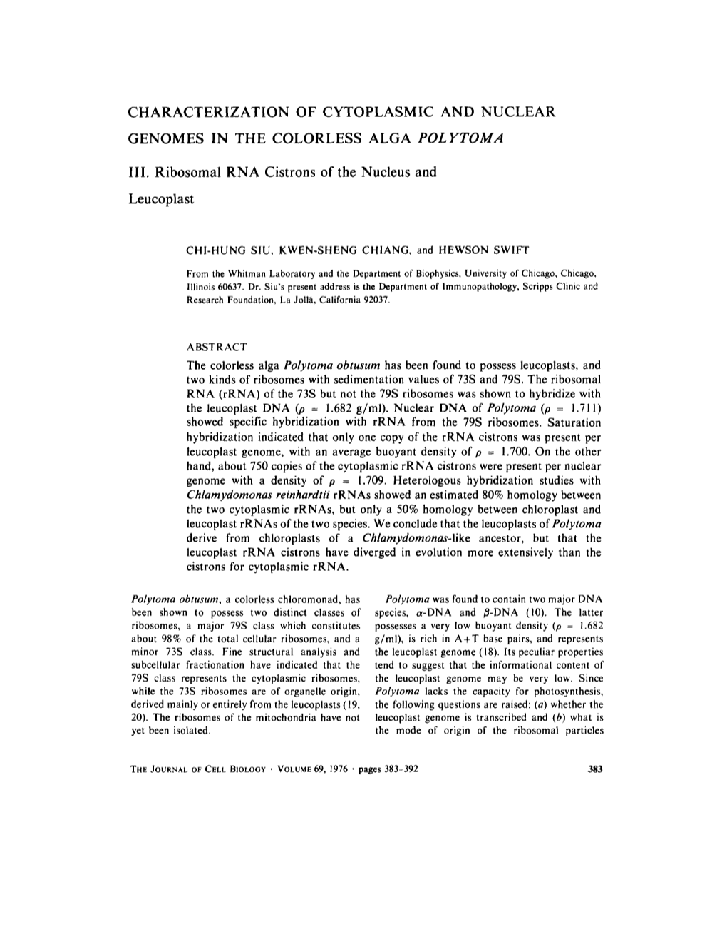 Characterization of Cytoplasmic and Nuclear Genomes in the Colorless Alga Polytoma