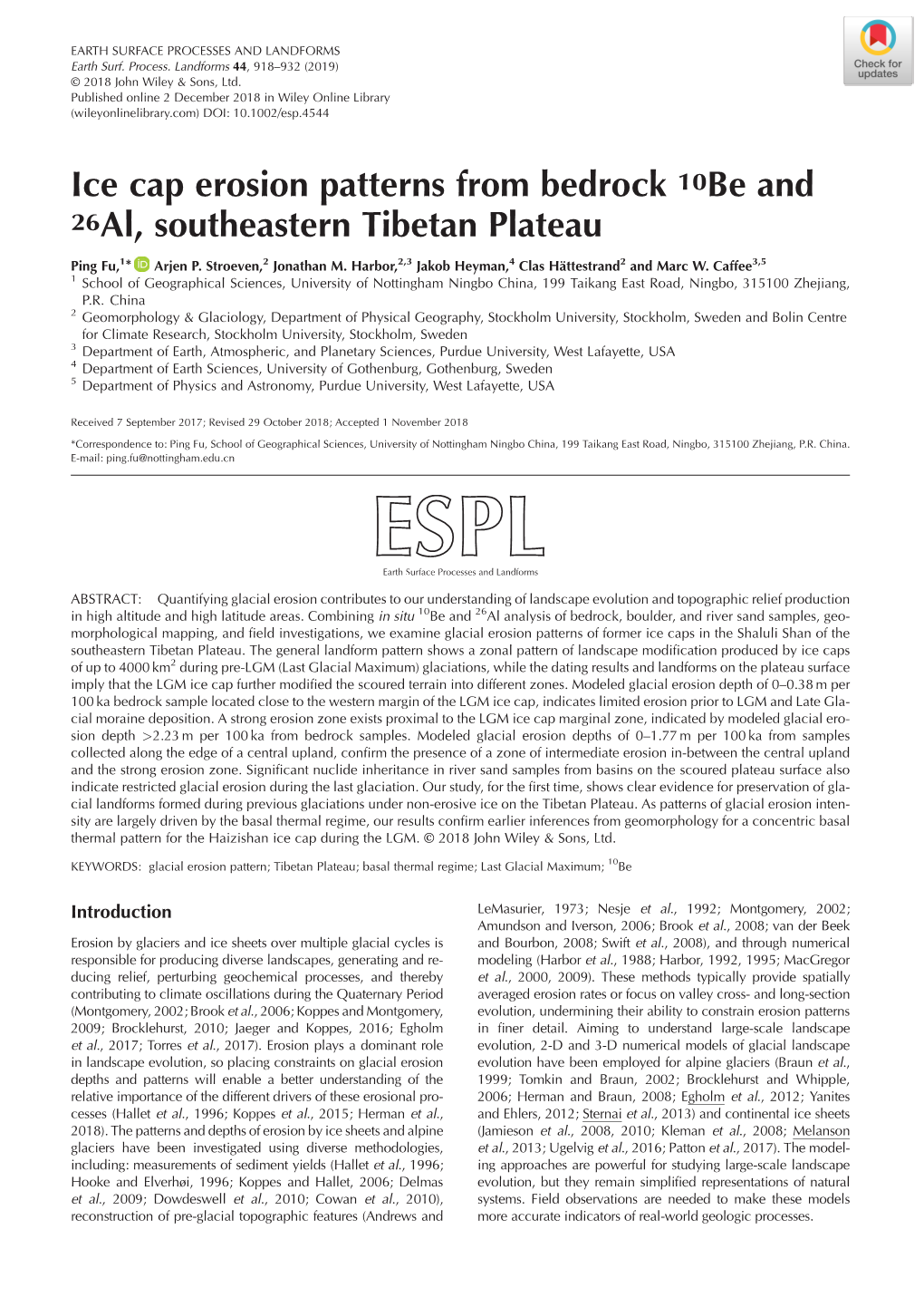 Ice Cap Erosion Patterns from Bedrock 10Be and 26Al, Southeastern Tibetan Plateau