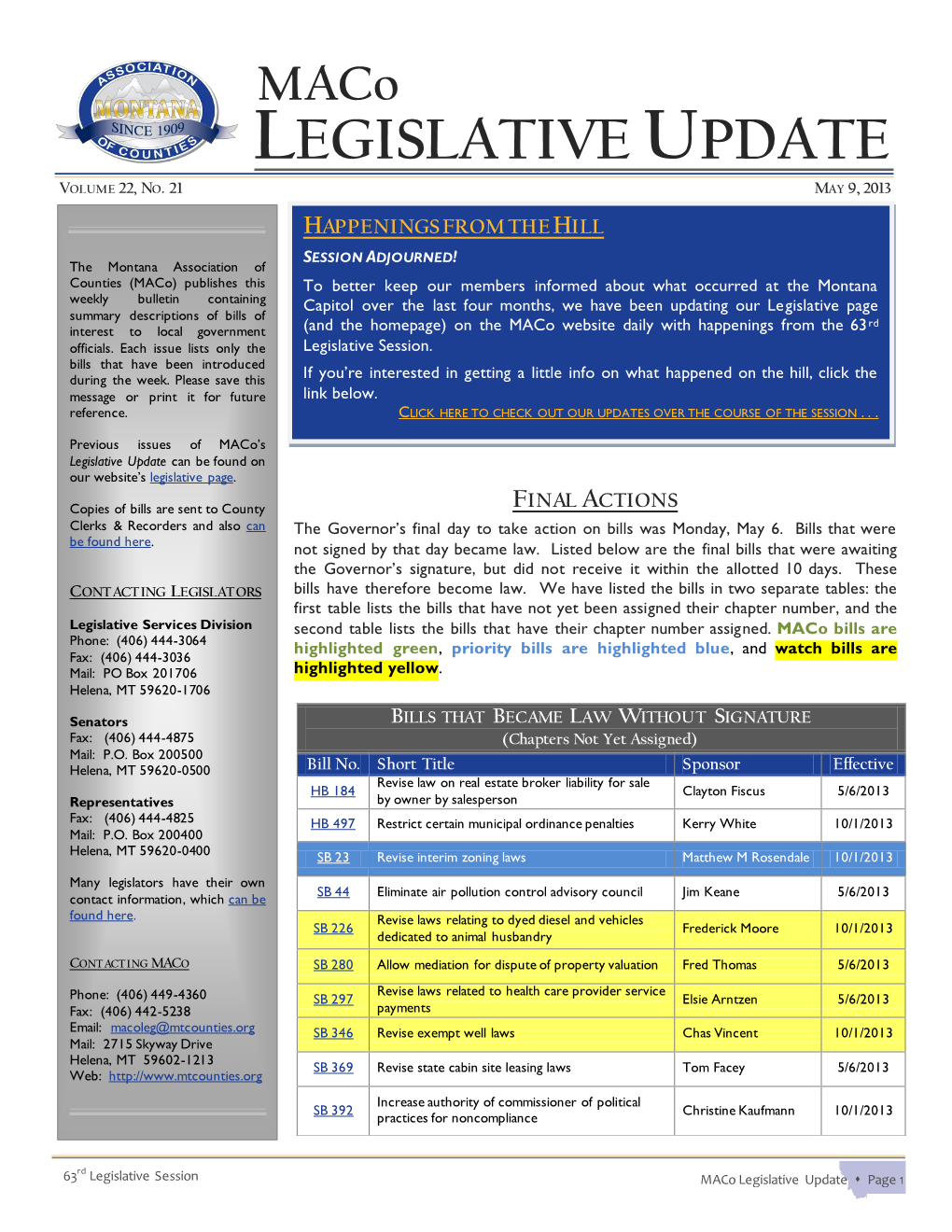 Maco LEGISLATIVE UPDATE VOLUME 22, NO