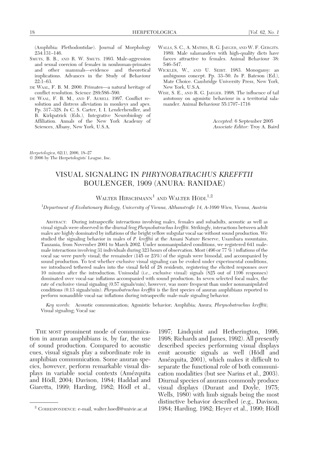 Visual Signaling in Phrynobatrachus Krefftii Boulenger, 1909 (Anura: Ranidae)