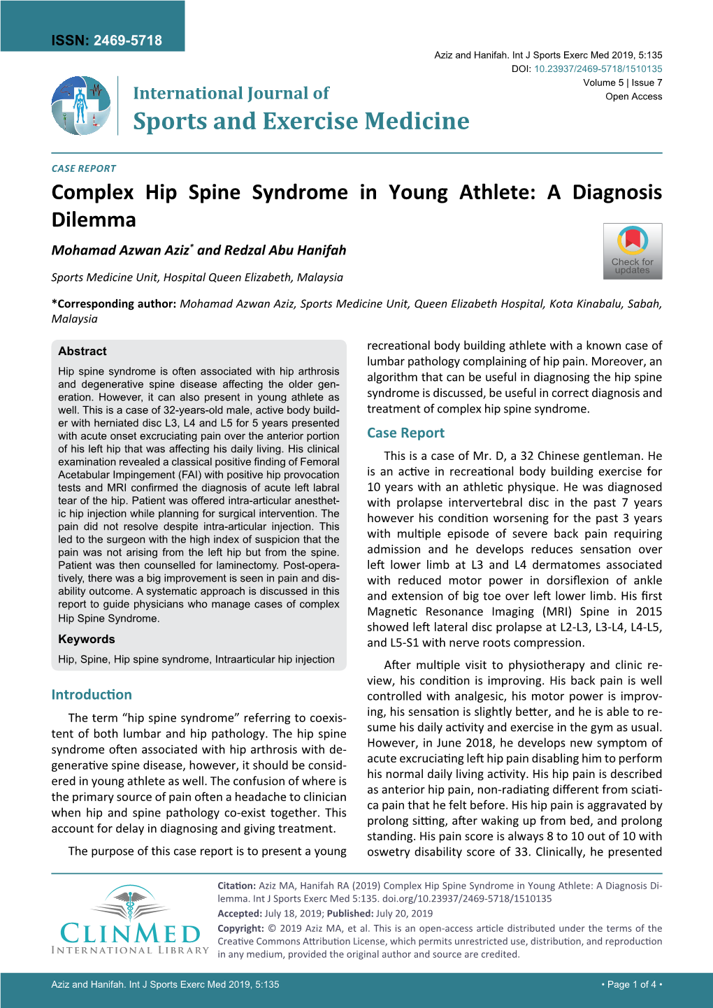 Complex Hip Spine Syndrome in Young Athlete: a Diagnosis Dilemma