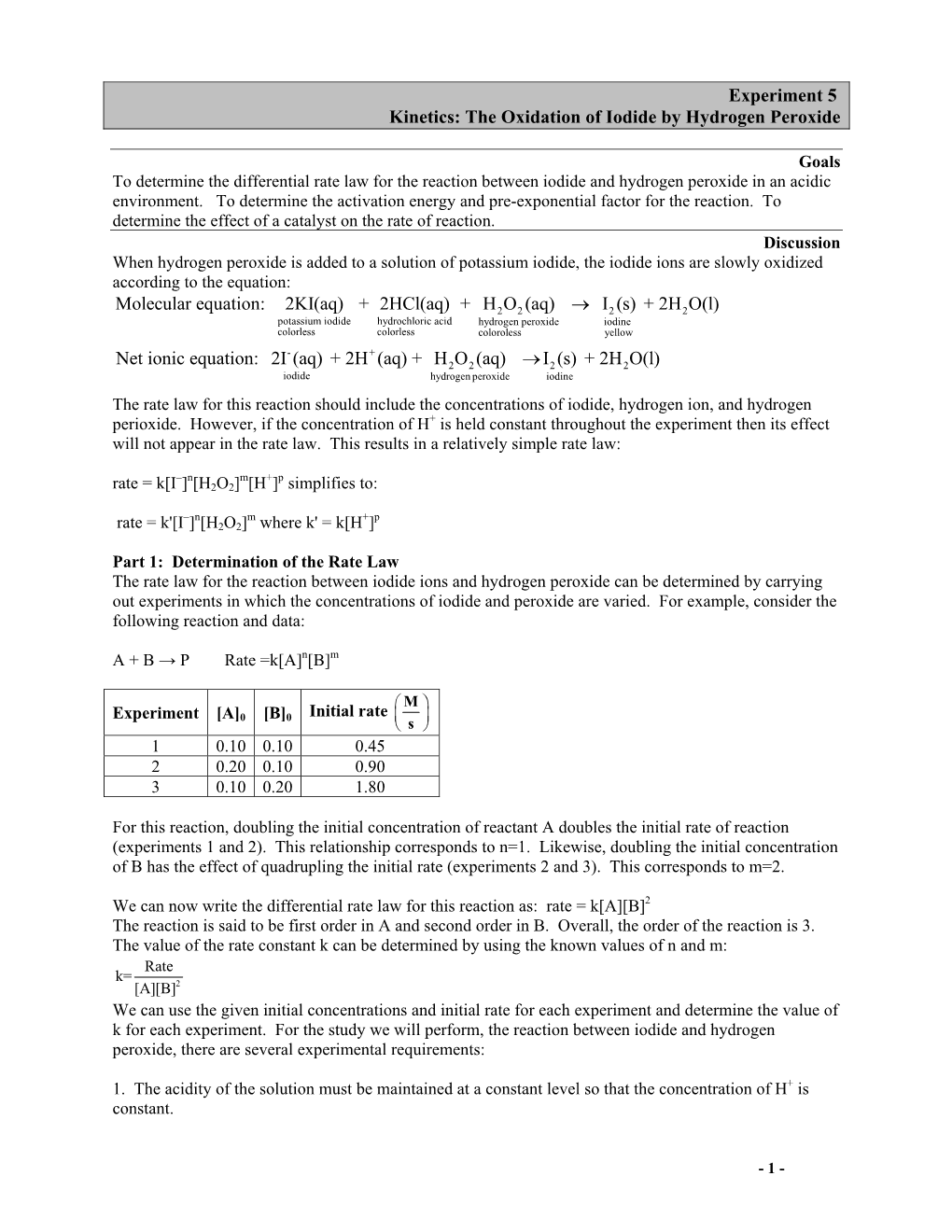 Experiment 5 Kinetics: the Oxidation of Iodide by Hydrogen Peroxide