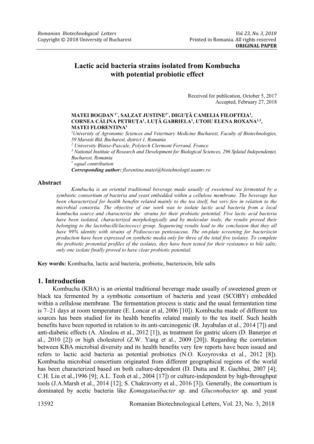 Lactic Acid Bacteria Strains Isolated from Kombucha with Potential Probiotic Effect