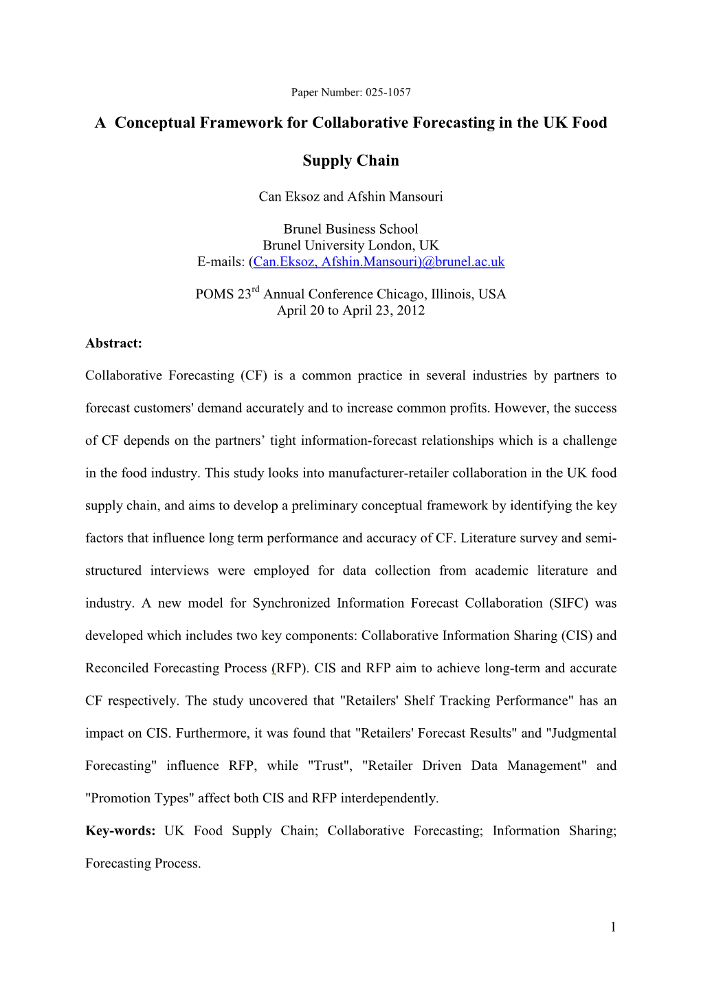 A Conceptual Framework for Collaborative Forecasting in the UK Food