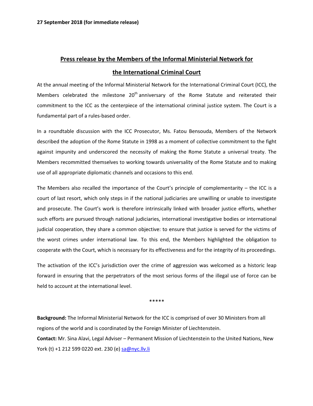 Press Release by the Members of the Informal Ministerial Network for The