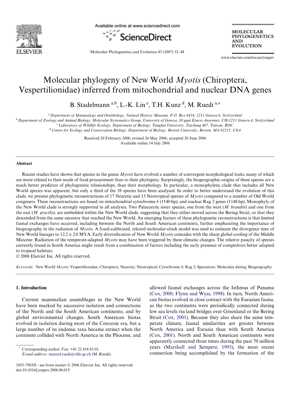 Molecular Phylogeny of New World Myotis (Chiroptera, Vespertilionidae) Inferred from Mitochondrial and Nuclear DNA Genes