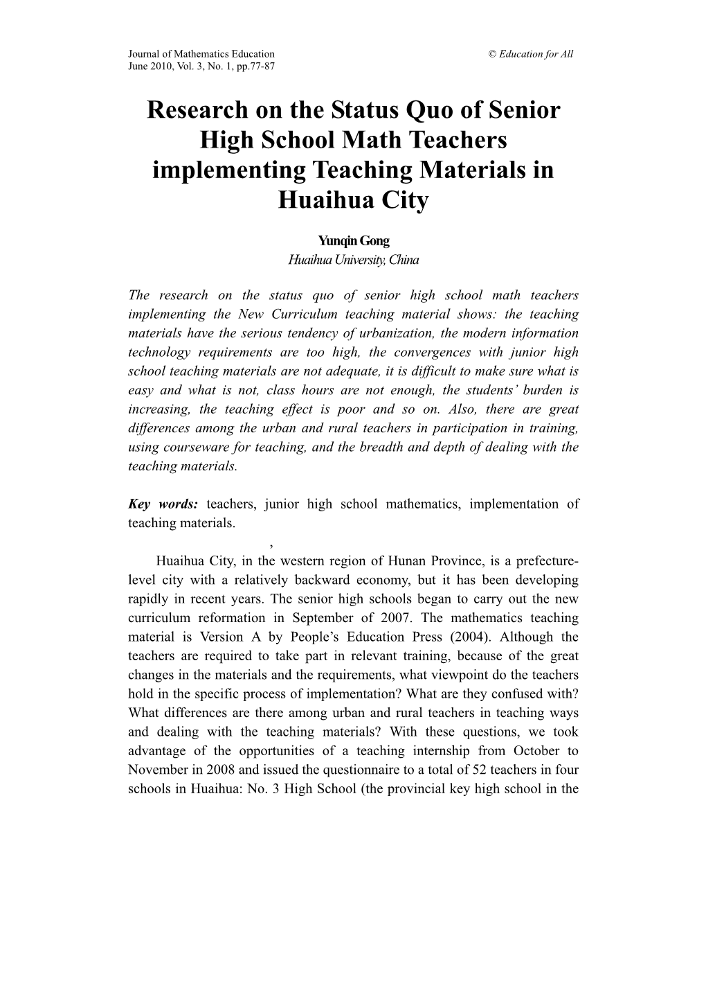 Research on the Status Quo of Senior High School Math Teachers Implementing Teaching Materials in Huaihua City