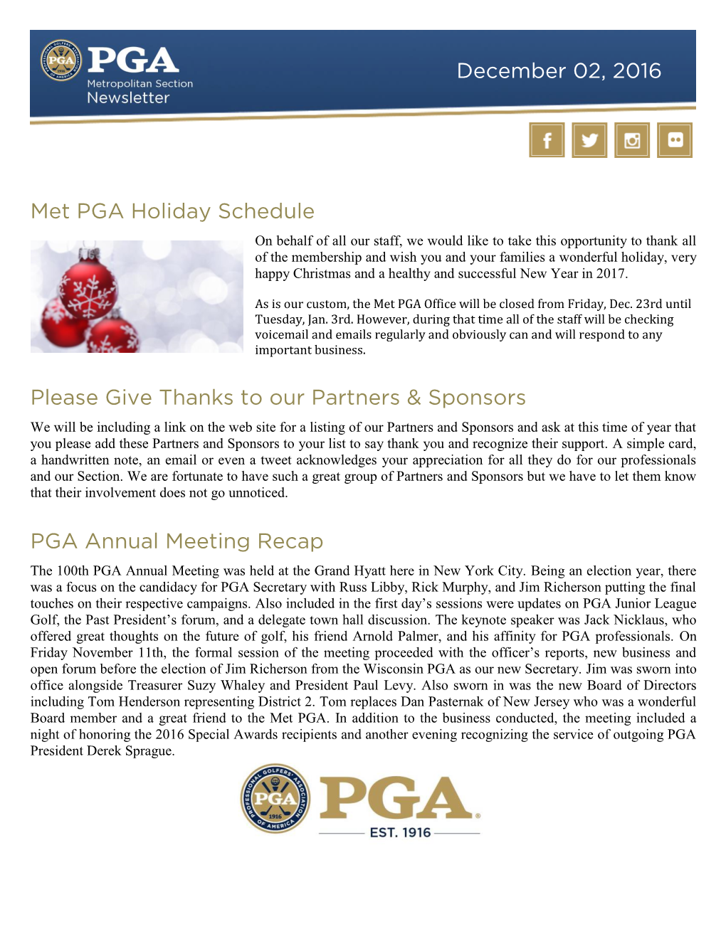 Met PGA Holiday Schedule Please Give Thanks to Our Partners