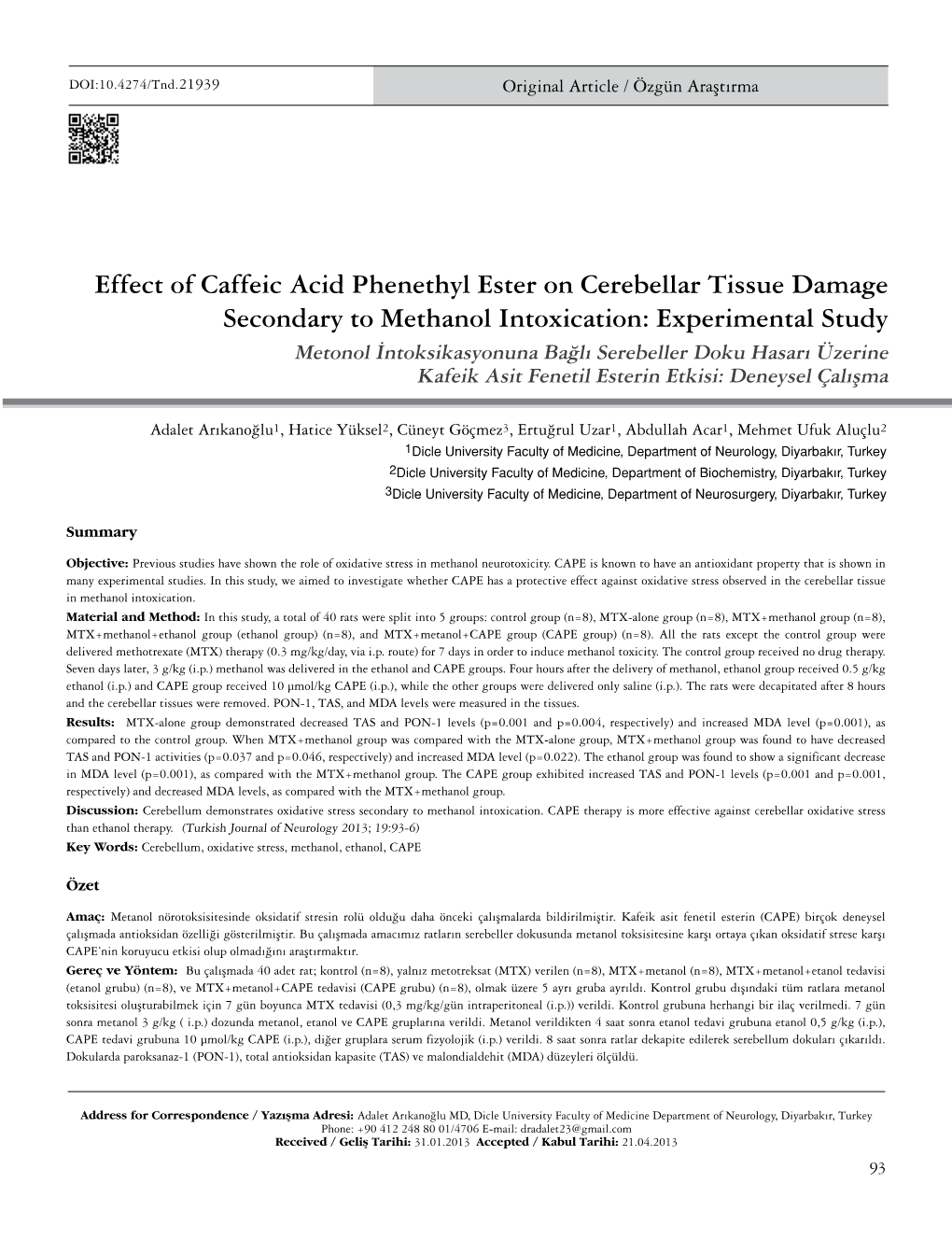 Effect of Caffeic Acid Phenethyl Ester on Cerebellar