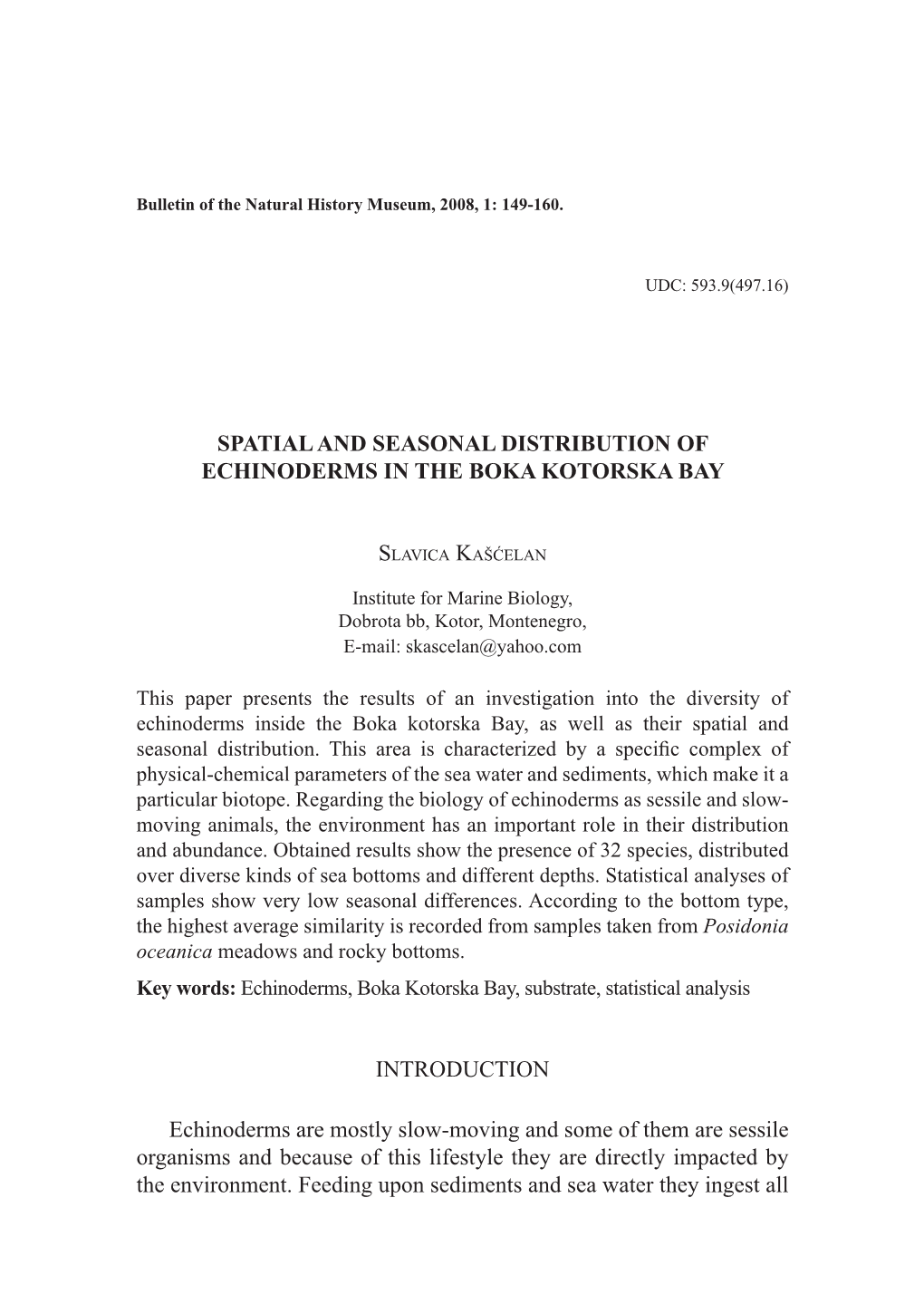 Spatial and Seasonal Distribution of Echinoderms in the Boka Kotorska Bay