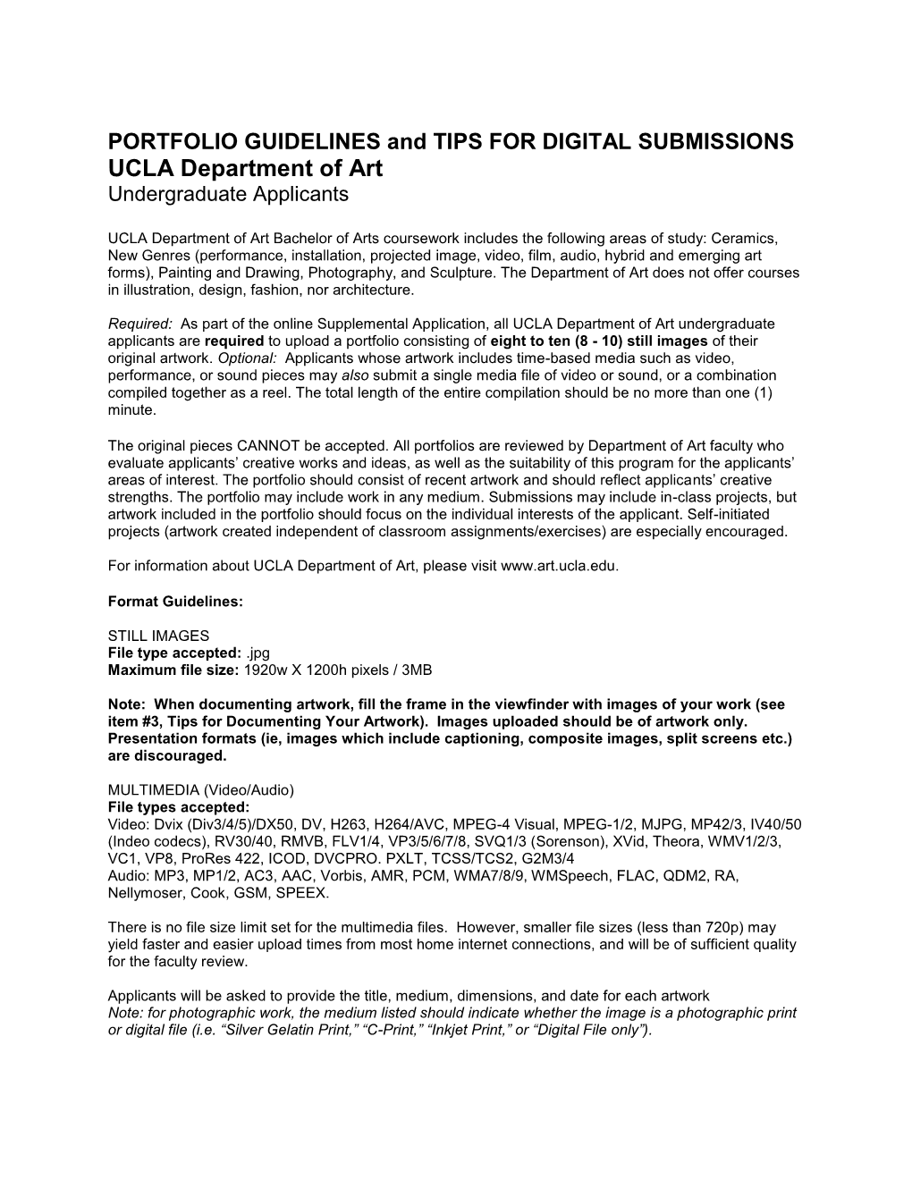 PORTFOLIO GUIDELINES and TIPS for DIGITAL SUBMISSIONS UCLA Department of Art Undergraduate Applicants