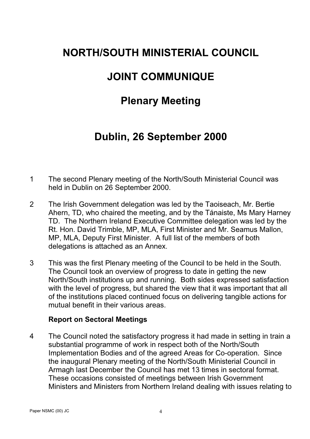 Plenary Joint Communiqué 26 September 2000