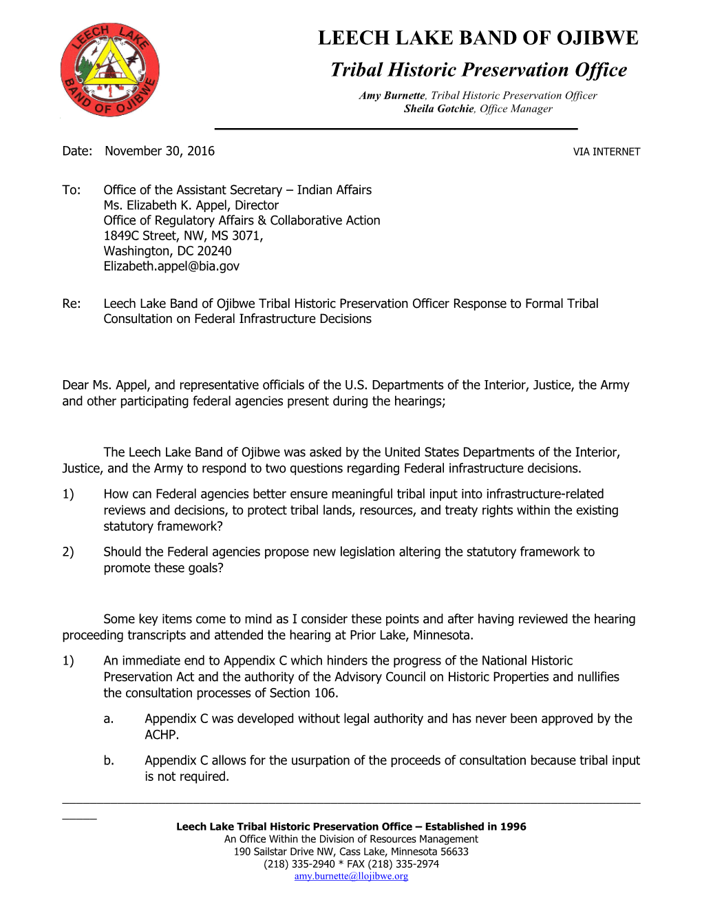 Leech Lake Band of Ojibwe Tribal Historic Preservation Officer Response to Formal Tribal Consultation on Federal Infrastructure Decisions