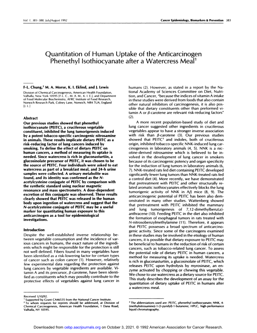 Quantitation of Human Uptake of the Anticarcinogen Phenethyl Isothiocyanate After a Watercress Meaf1