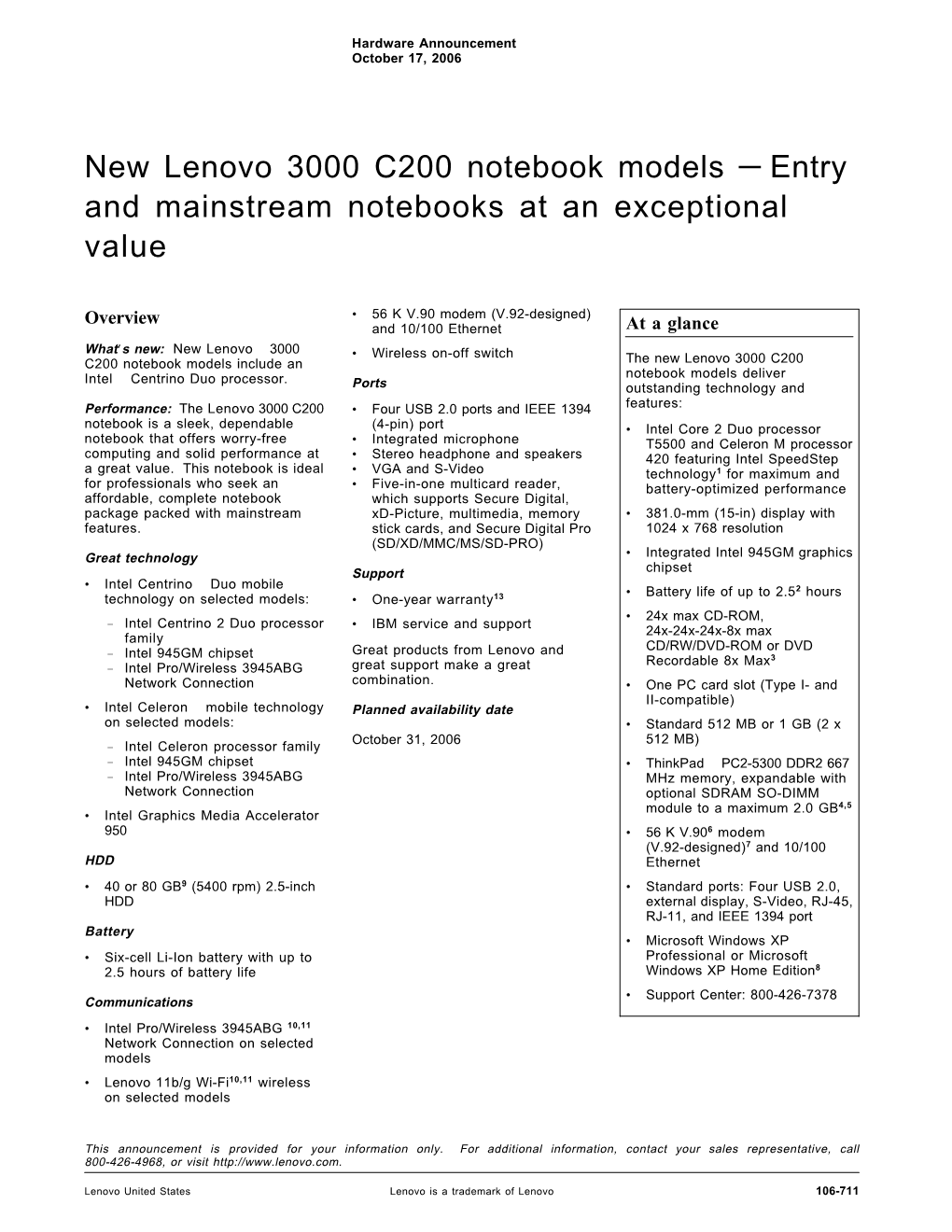 New Lenovo 3000 C200 Notebook Models — Entry and Mainstream Notebooks at an Exceptional Value