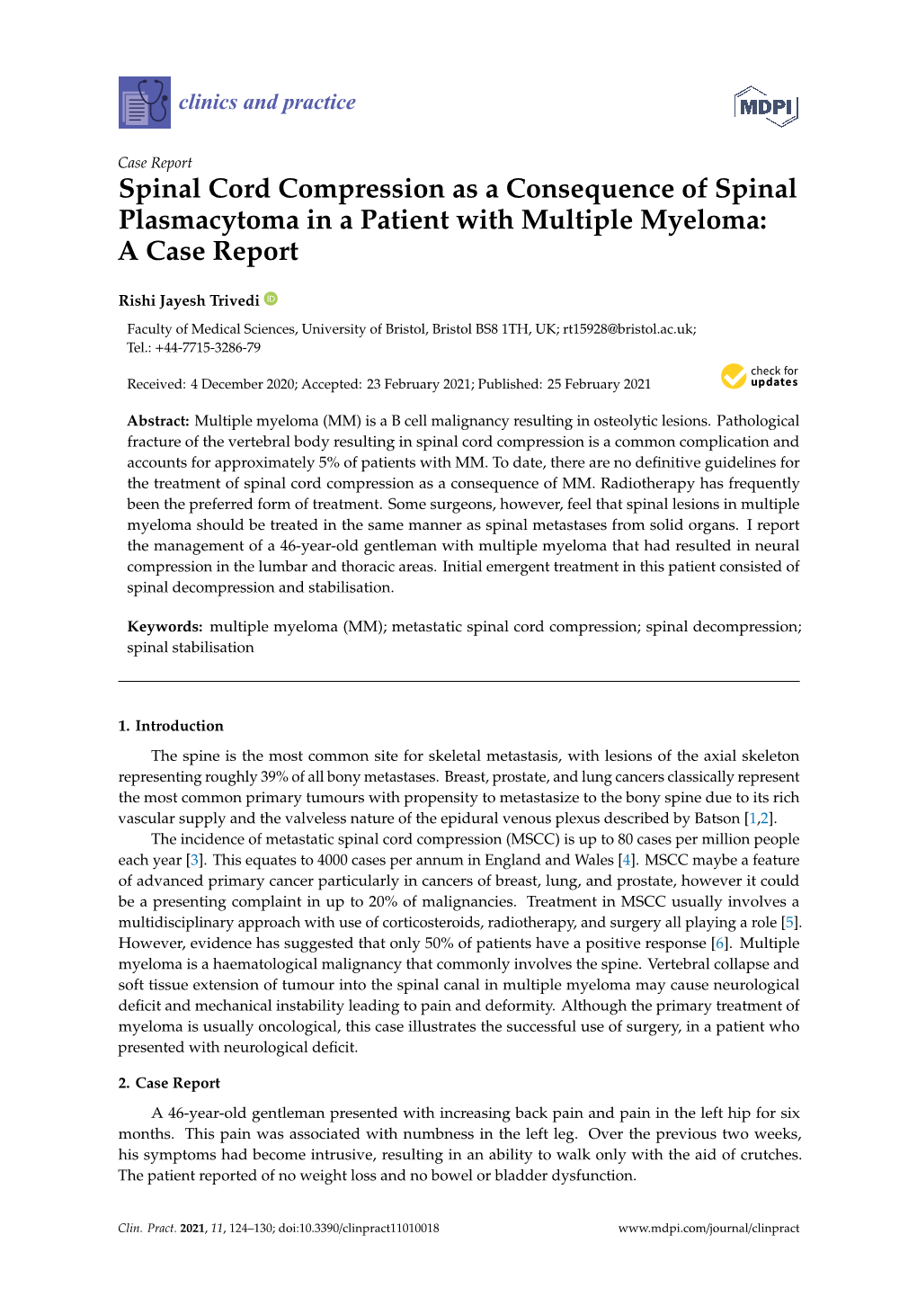 Spinal Cord Compression As a Consequence of Spinal Plasmacytoma in a Patient with Multiple Myeloma: a Case Report