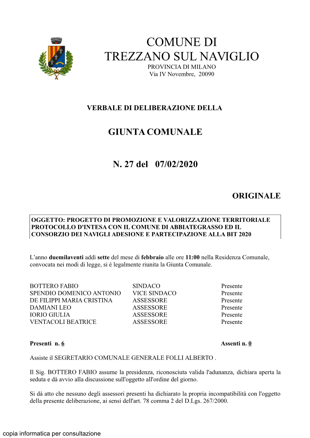 GIUNTA COMUNALE N. 27 Del 07/02/2020 ORIGINALE