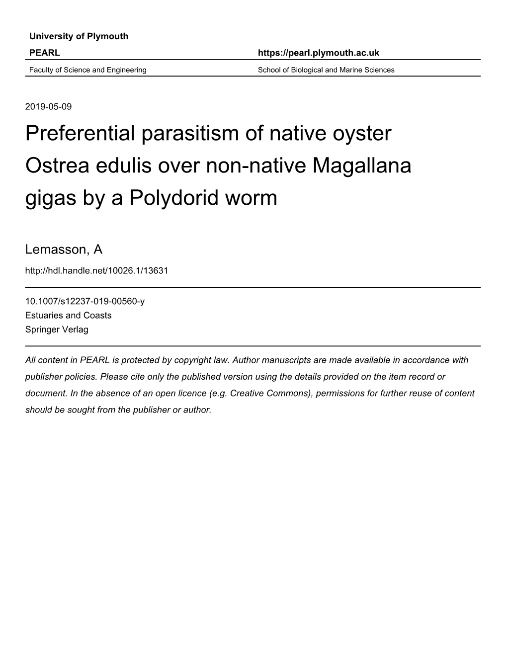 Preferential Parasitism of Native Oyster Ostrea Edulis Over Non-Native Magallana Gigas by a Polydorid Worm