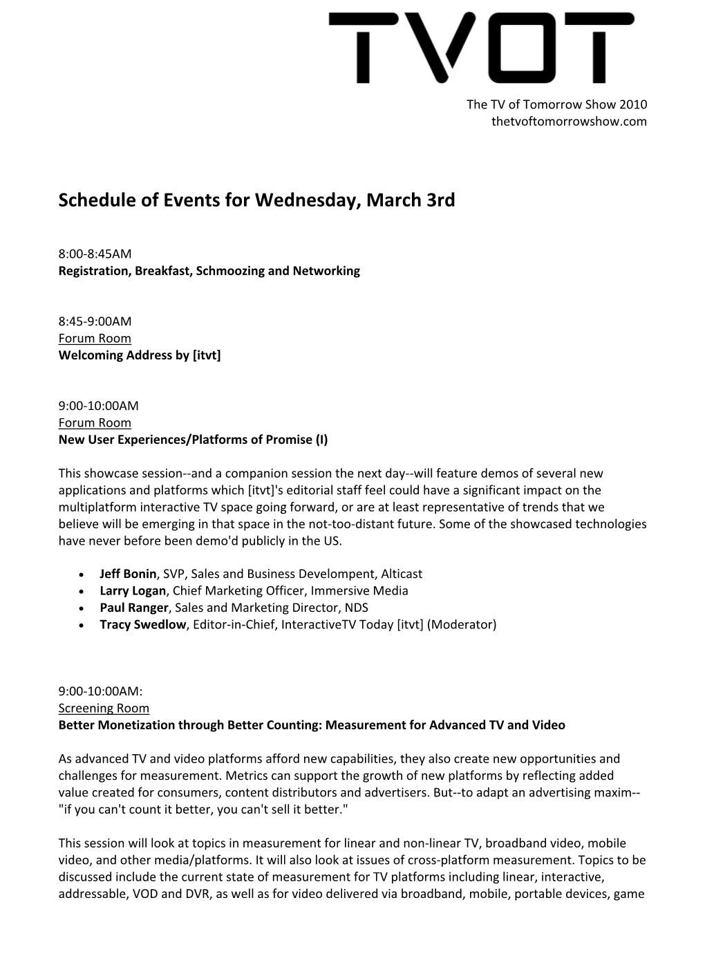 Schedule of Events for Wednesday, March 3Rd