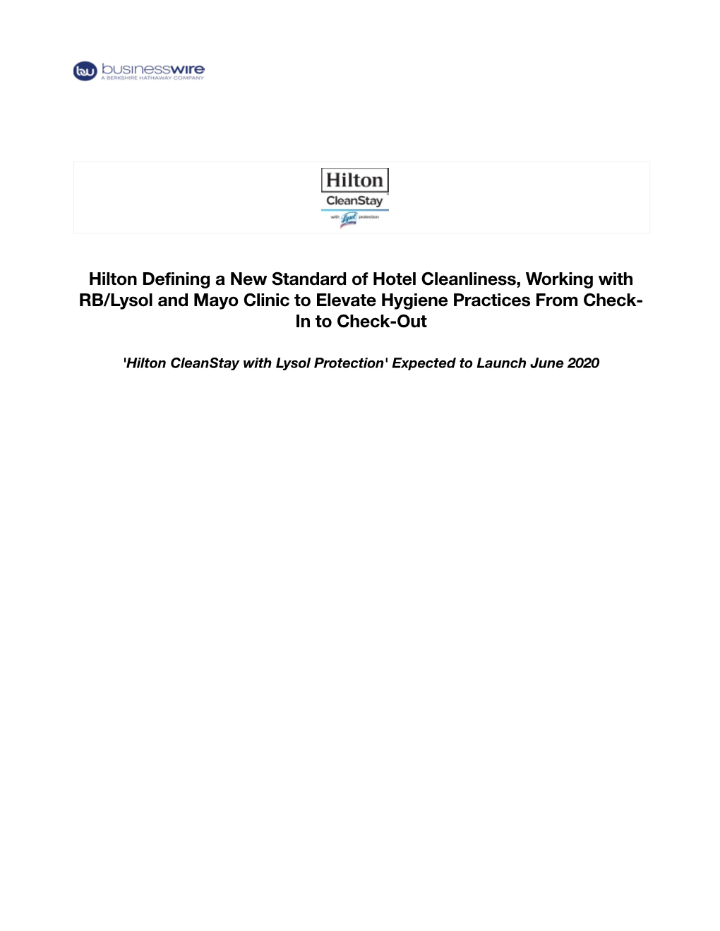 Hilton Defining a New Standard of Hotel Cleanliness, Working with RB/Lysol and Mayo Clinic to Elevate Hygiene Practices from Check- in to Check-Out