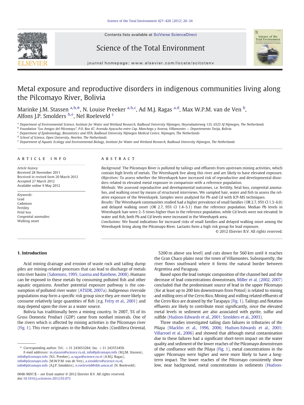 Metal Exposure and Reproductive Disorders in Indigenous Communities Living Along the Pilcomayo River, Bolivia