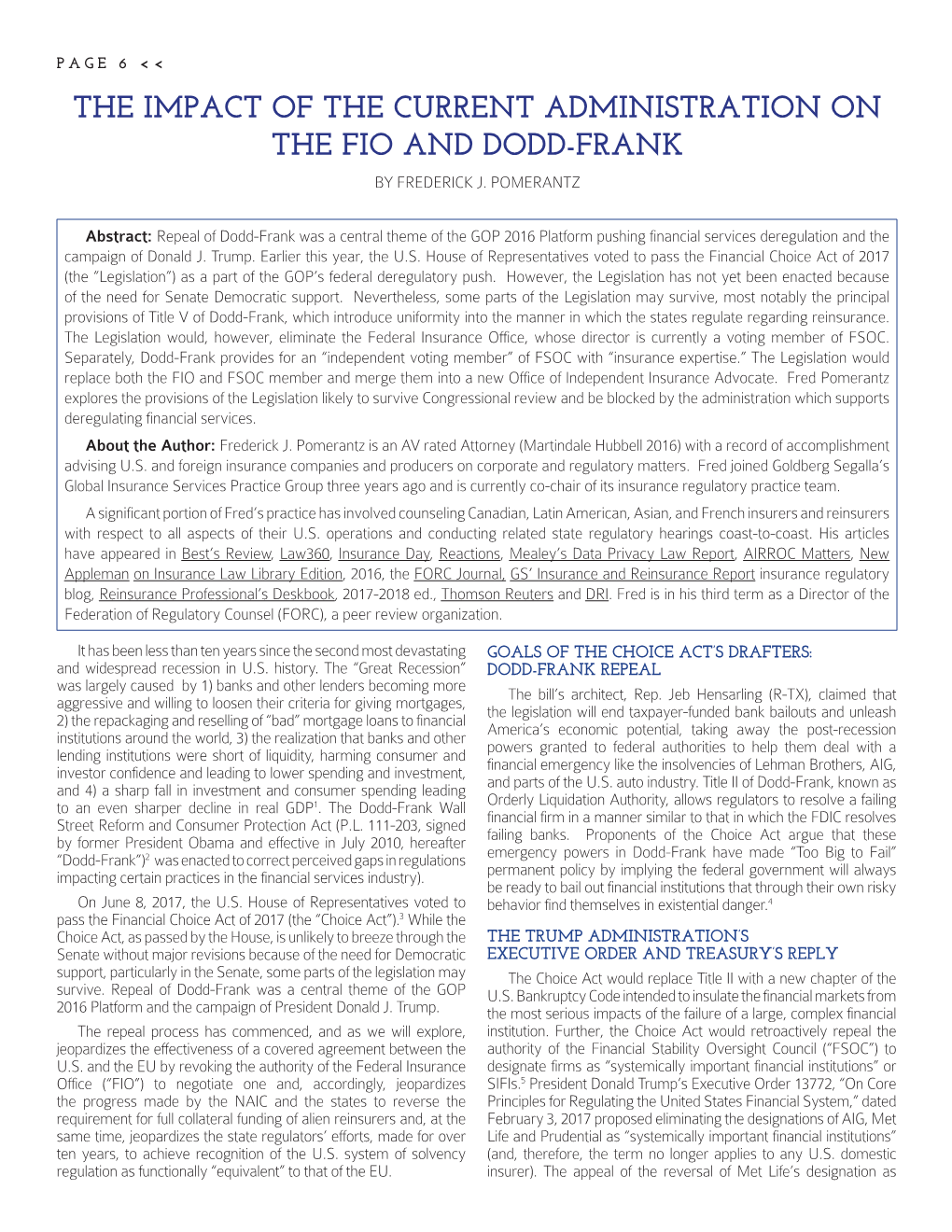 The Impact of the Current Administration on the Fio and Dodd-Frank by Frederick J