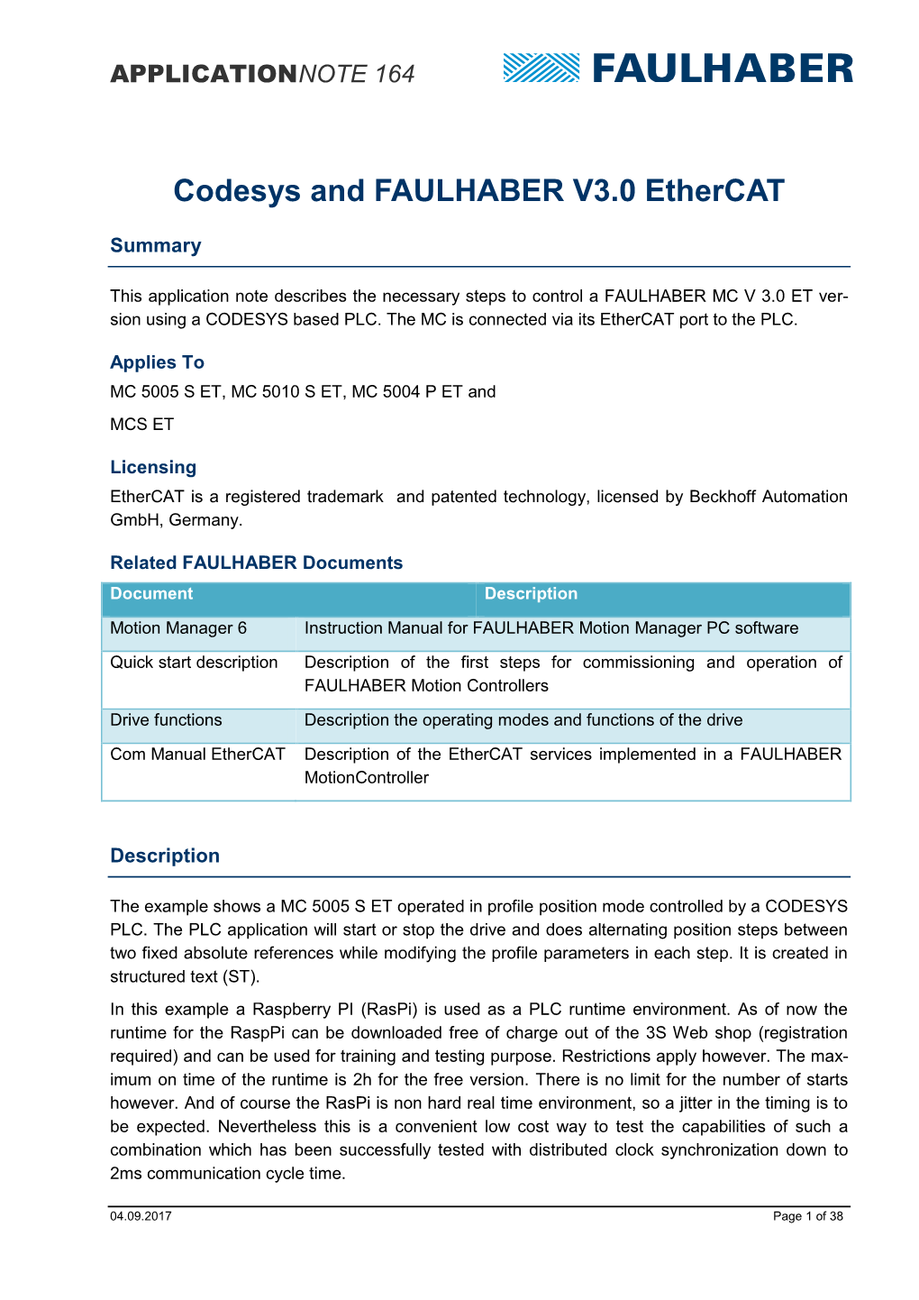 Codesys and FAULHABER V3.0 Ethercat