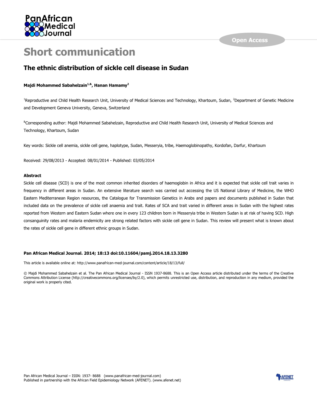 Short Communication the Ethnic Distribution of Sickle Cell Disease in Sudan