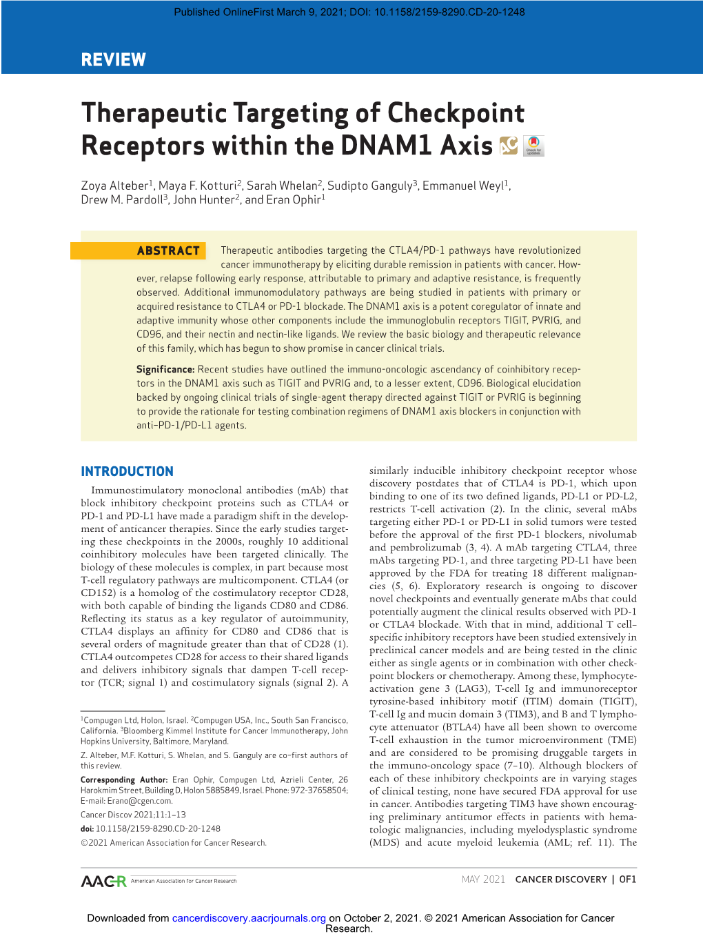 Therapeutic Targeting of Checkpoint Receptors Within the DNAM1 Axis