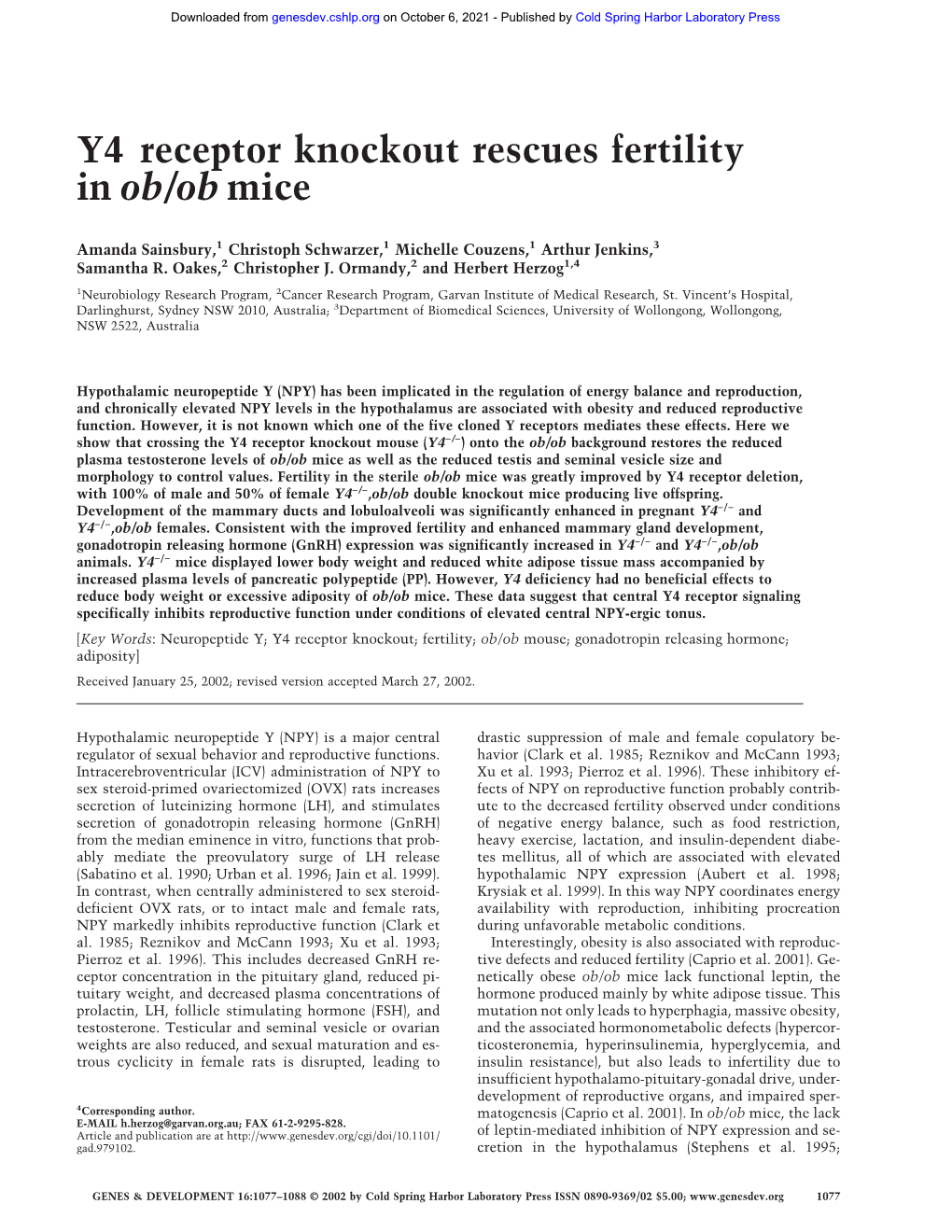 Y4 Receptor Knockout Rescues Fertility in Ob/Ob Mice