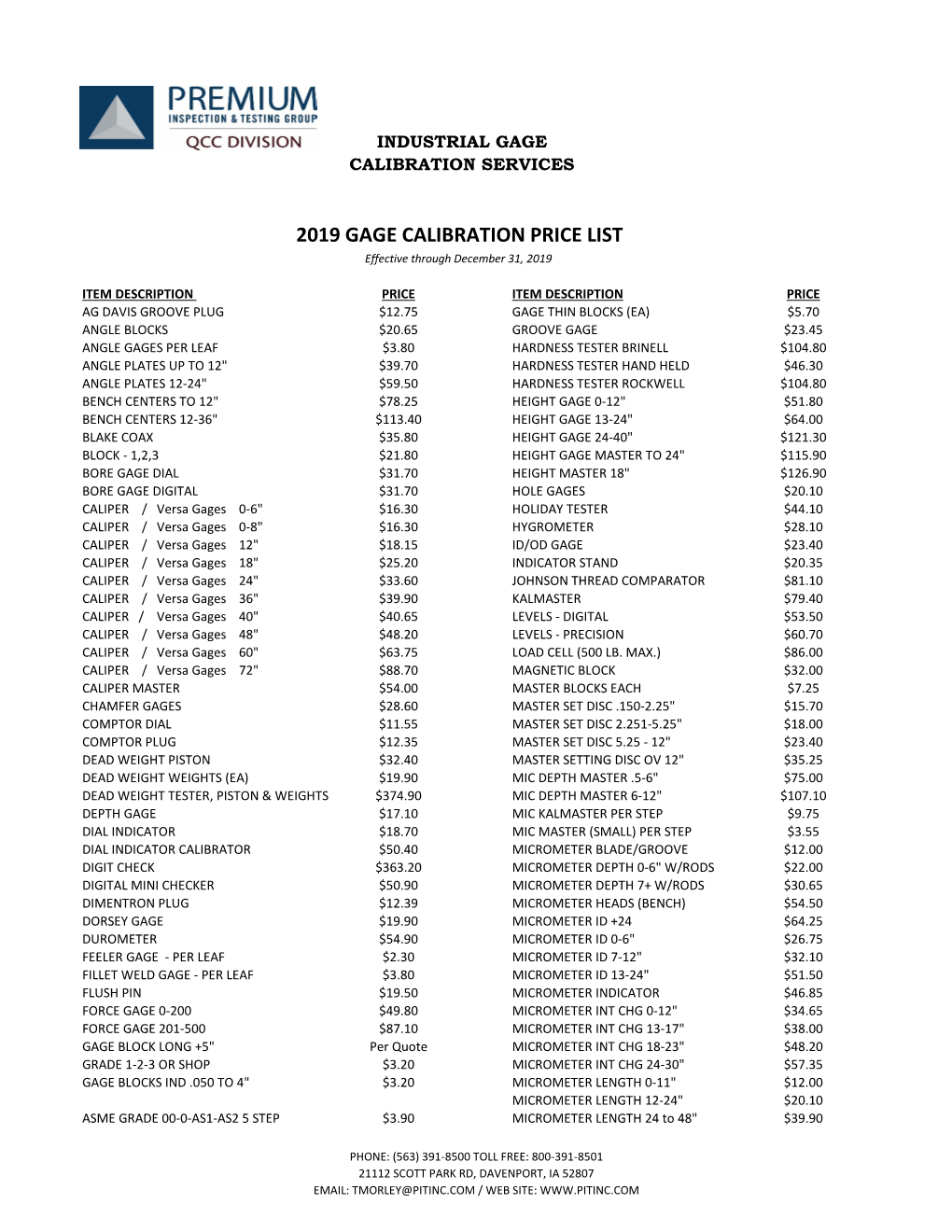 2019 GAGE CALIBRATION PRICE LIST Effective Through December 31, 2019