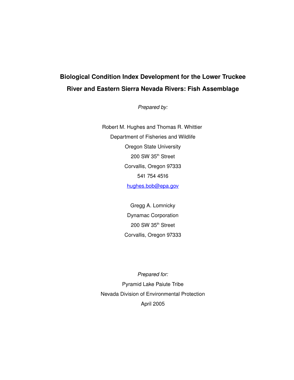 Biological Condition Index Development for the Lower Truckee River and Eastern Sierra Nevada Rivers: Fish Assemblage