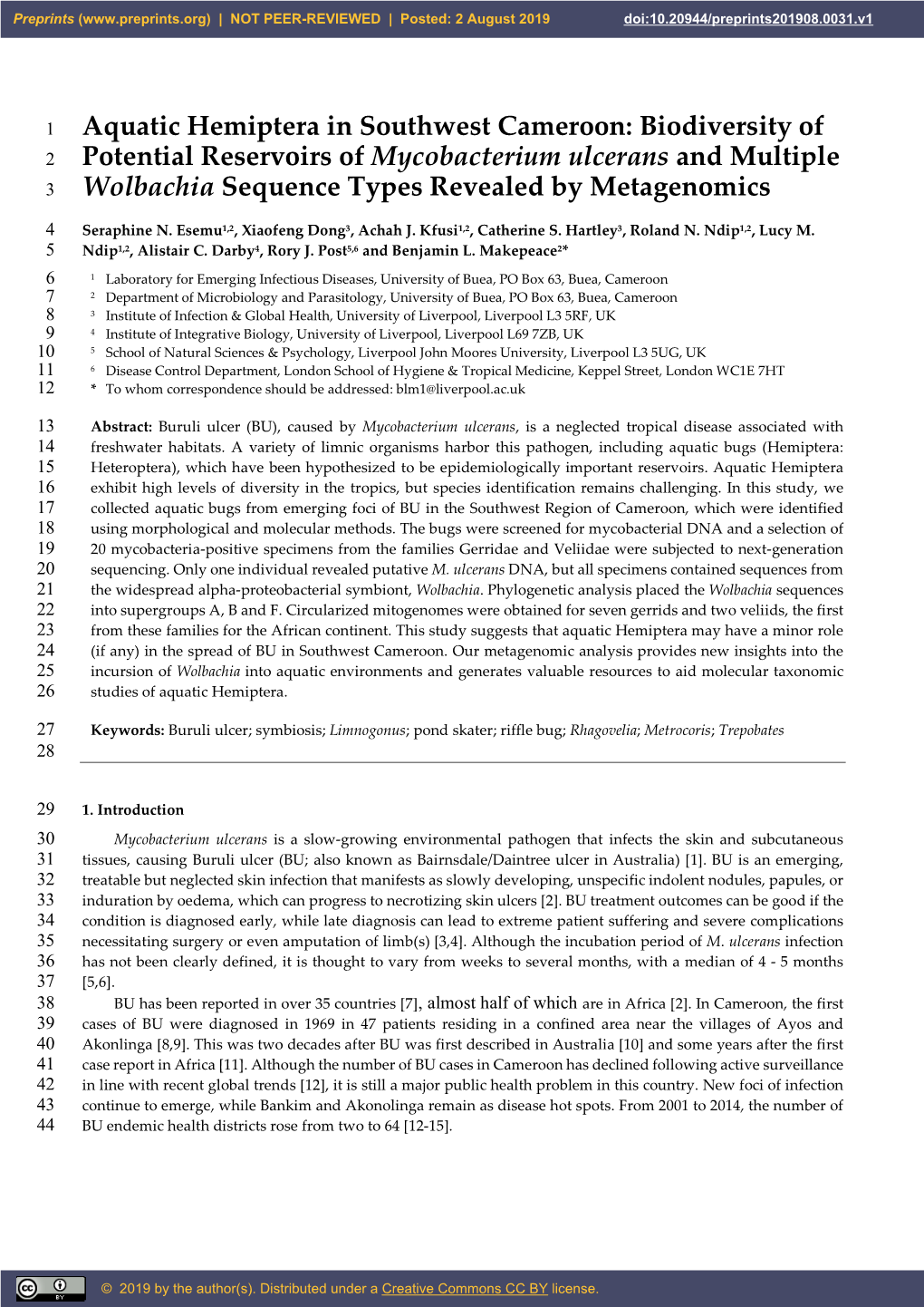 Aquatic Hemiptera in Southwest Cameroon: Biodiversity of Potential Reservoirs of Mycobacterium Ulcerans and Multiple Wolbachia S