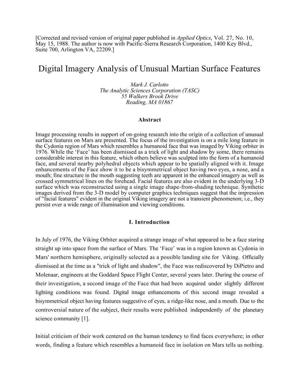 Digital Imagery Analysis of Unusual Martian Surface Features