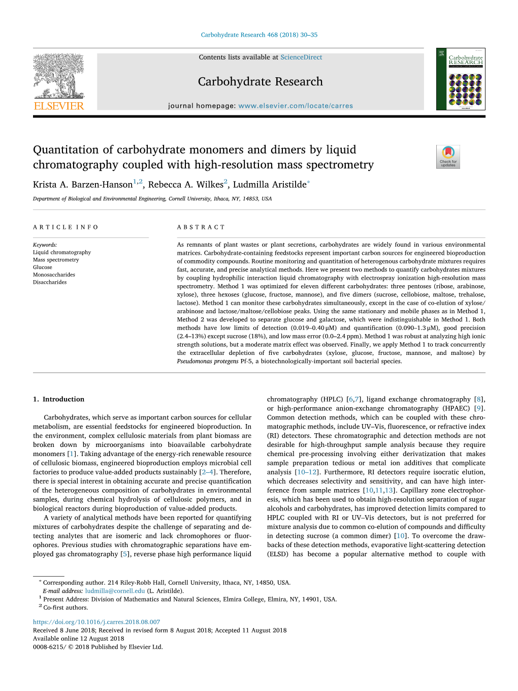 Quantitation of Carbohydrate Monomers and Dimers by Liquid Chromatography Coupled with High-Resolution Mass Spectrometry T