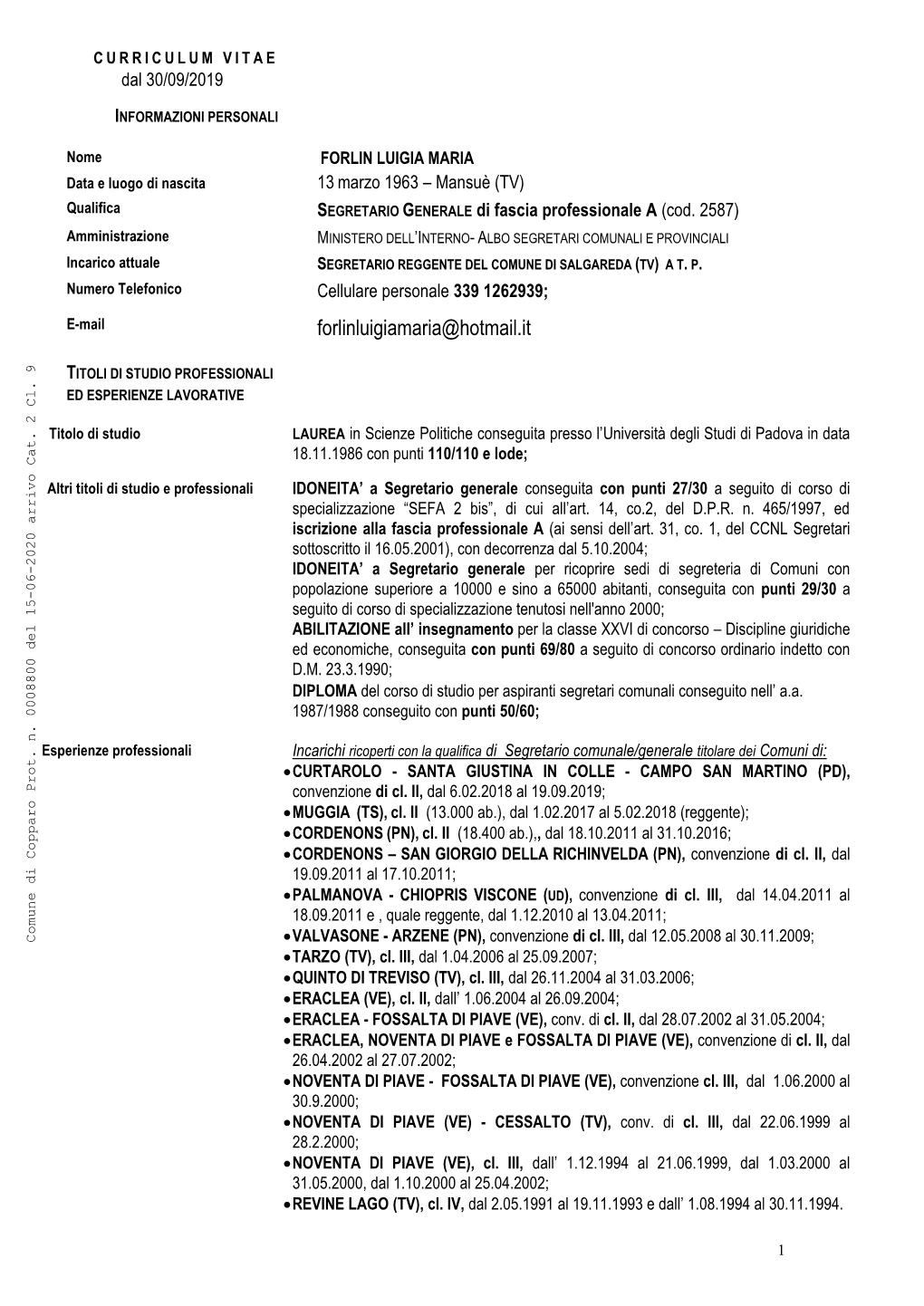 CURRICULUM VITAE Dal 30/09/2019