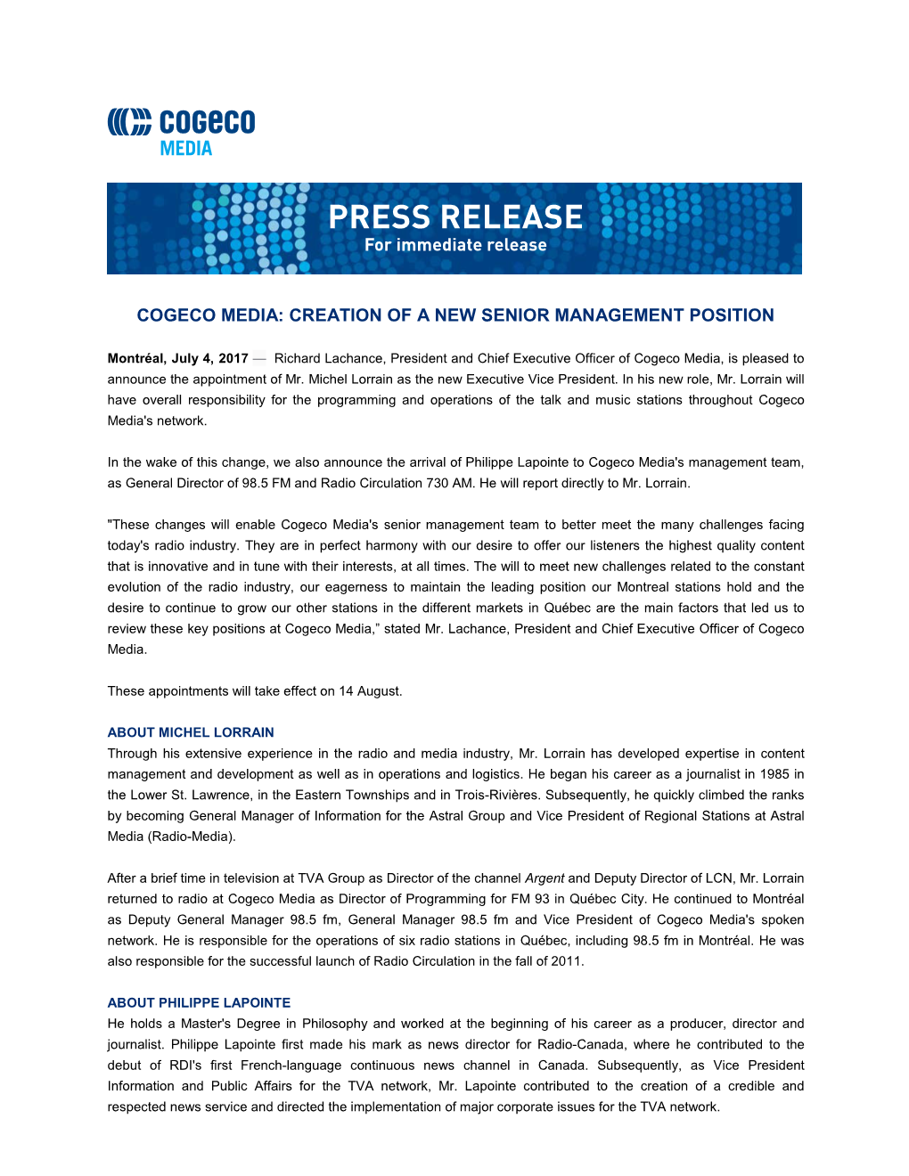 CMI Creation New Position Upper Management Pressrelease