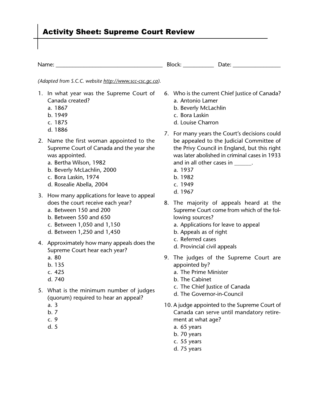 Activity Sheet: Supreme Court Review