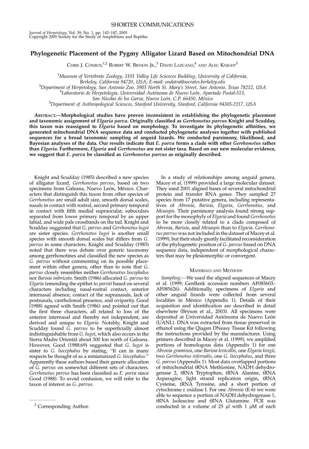 Phylogenetic Placement of the Pygmy Alligator Lizard Based on Mitochondrial DNA