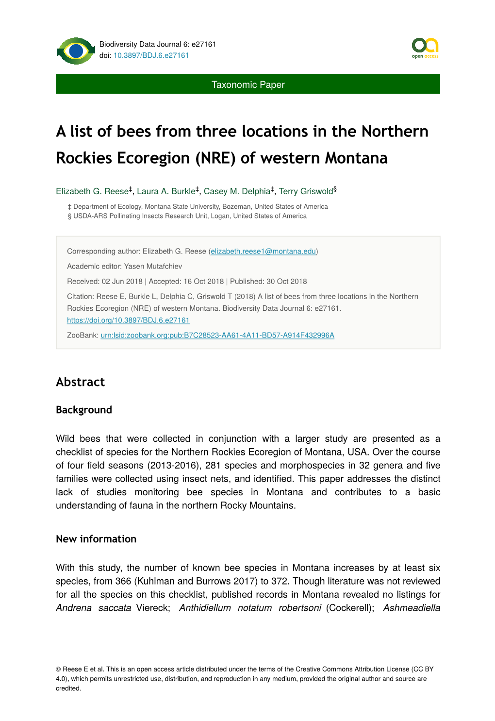 A List of Bees from Three Locations in the Northern Rockies Ecoregion (NRE) of Western Montana