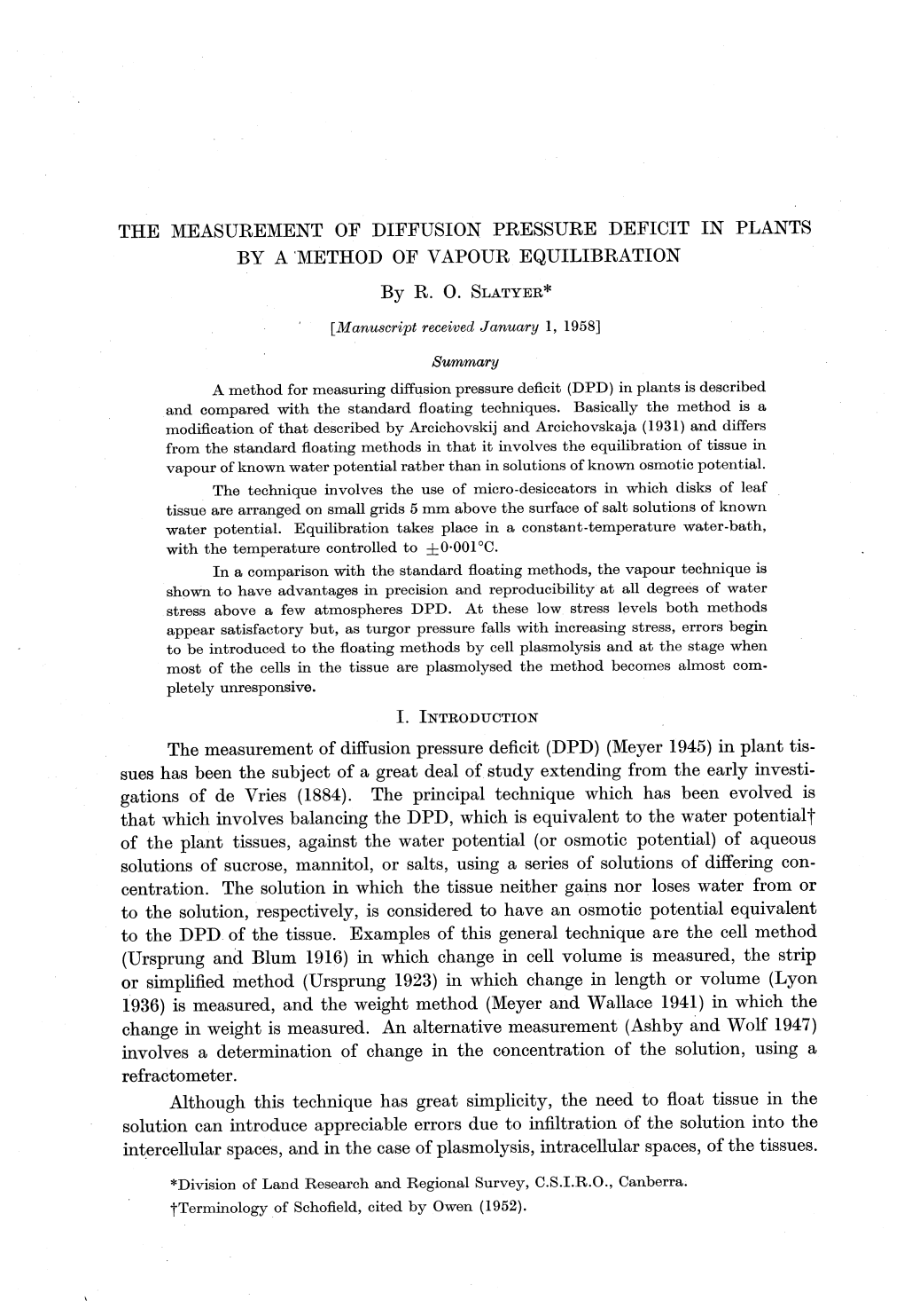 The Measurement of Diffusion Pressure Deficit in Plants by a 'Method of Vapour Equilibration