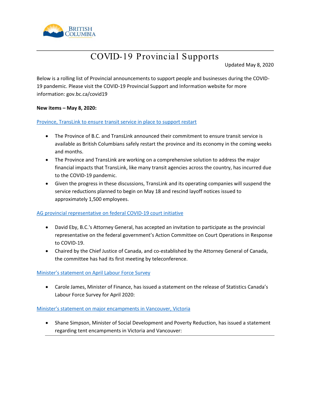 COVID-19 Provincial Supports