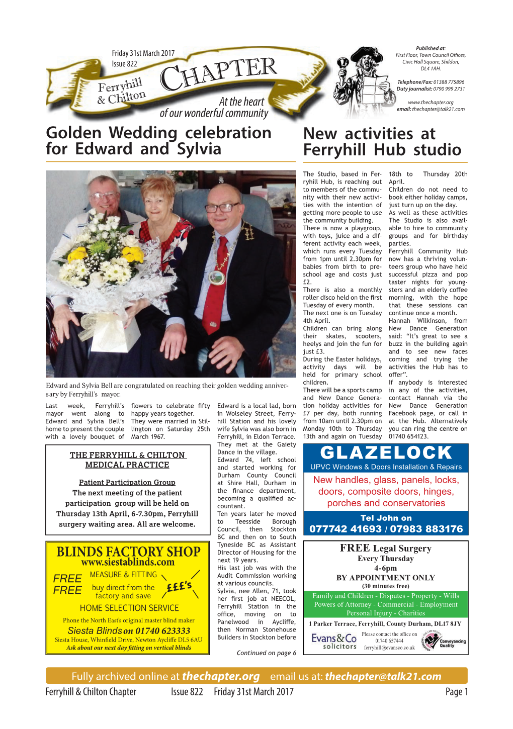 Chapter.Org of Our Wonderful Community Email: Thechapter@Talk21.Com Golden Wedding Celebration New Activities at for Edward and Sylvia Ferryhill Hub Studio