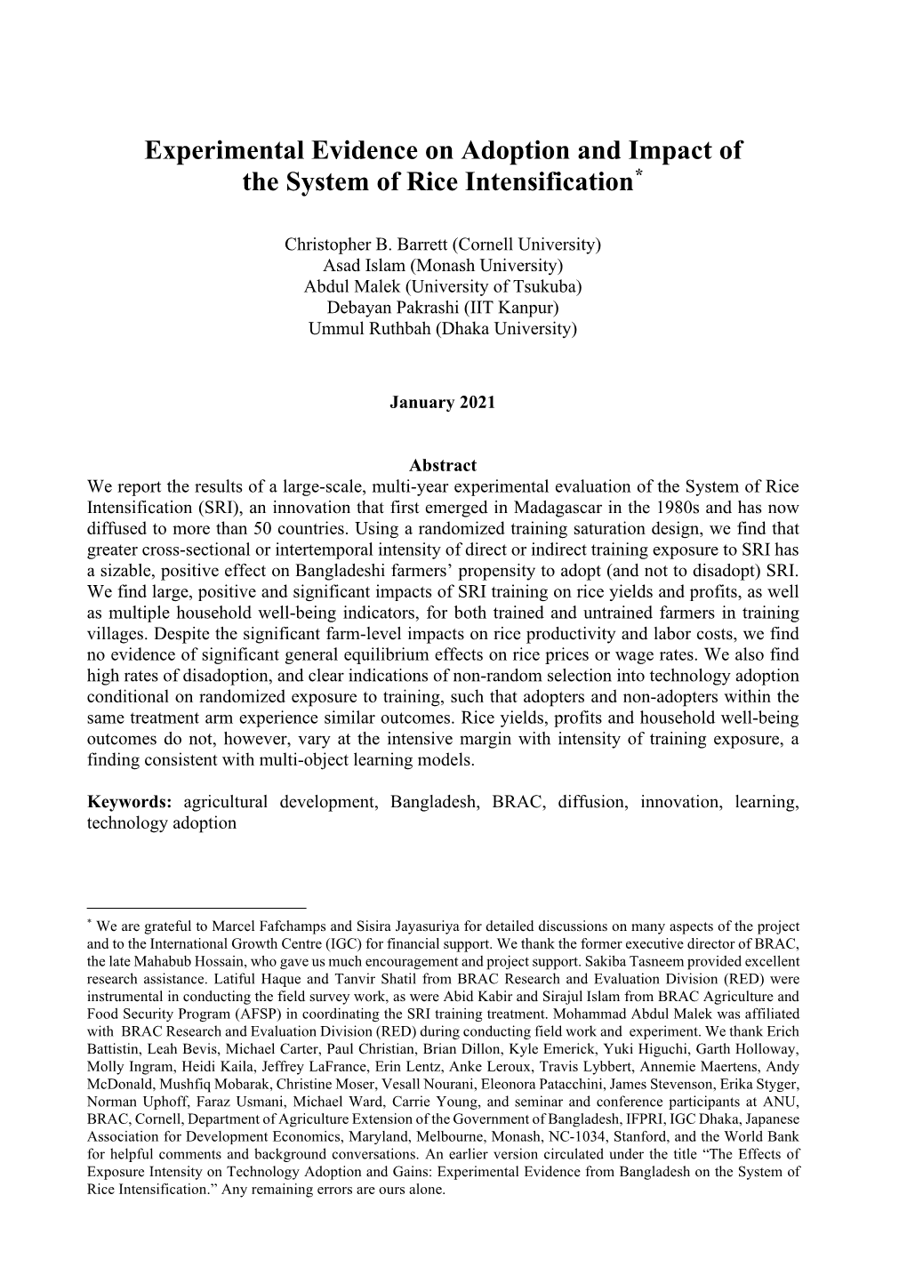 Experimental Evidence on Adoption and Impact of the System of Rice Intensification*