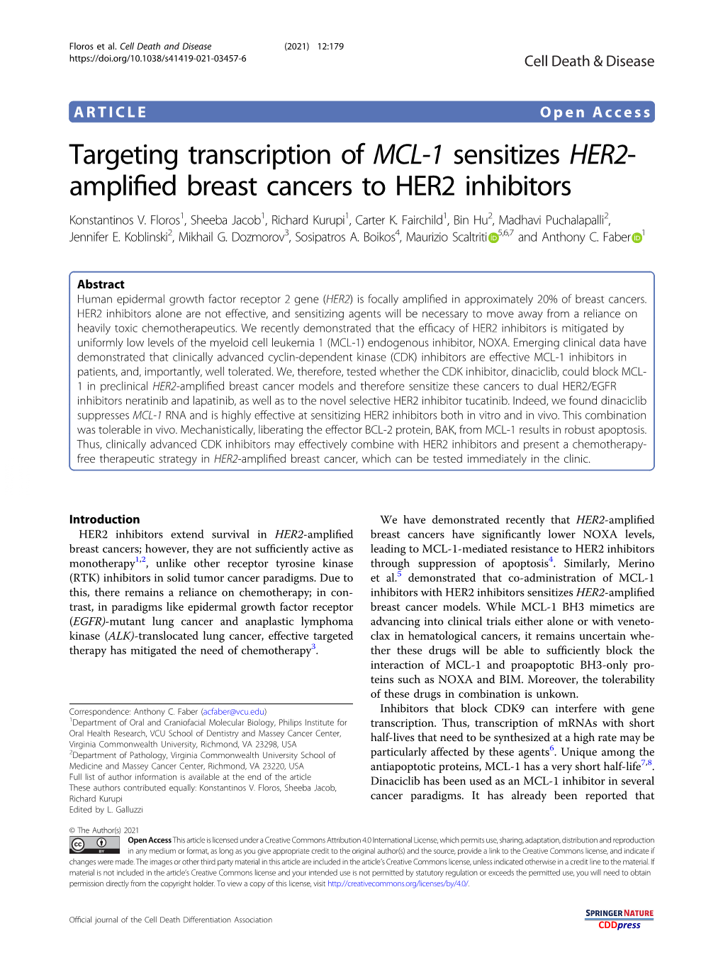 Targeting Transcription of MCL-1 Sensitizes HER2-Amplified Breast Cancers to HER2 Inhibitors