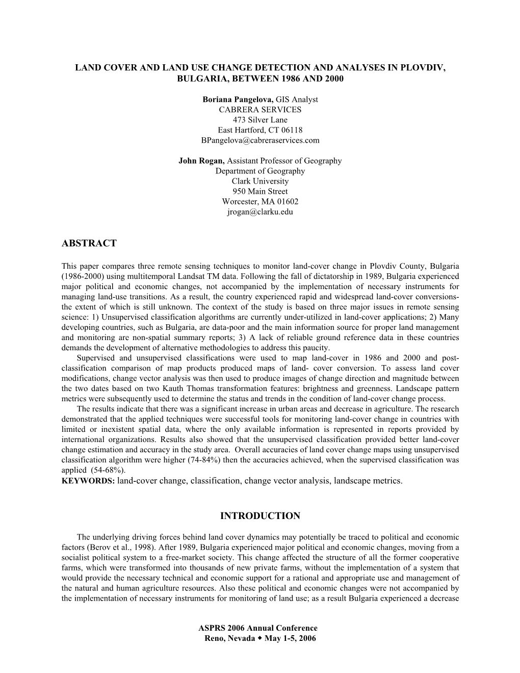 Land Cover and Land Use Change Detection and Analyses in Plovdiv, Bulgaria, Between 1986 and 2000