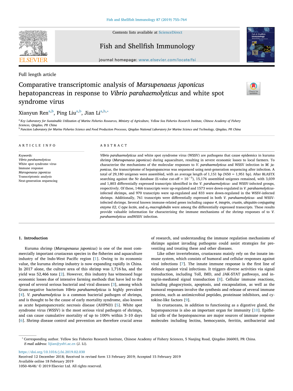 Comparative Transcriptomic Analysis of Marsupenaeus Japonicus Hepatopancreas in Response to Vibrio Parahaemolyticus and White Spot T Syndrome Virus