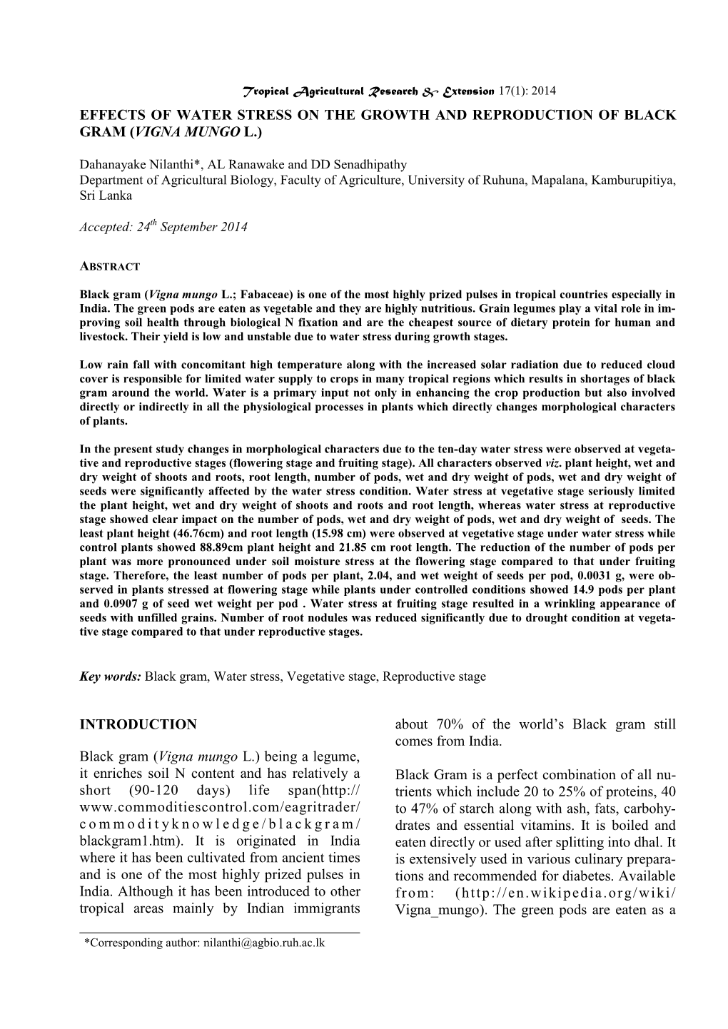 Effects of Water Stress on the Growth and Reproduction of Black Gram (Vigna Mungo L.)