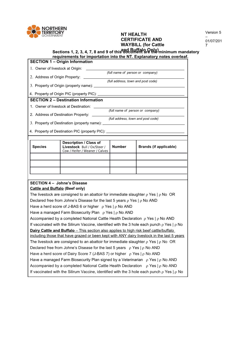 NT Health Certificate & Waybill - Cattle Buffalo V3